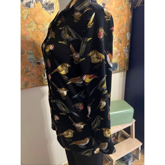 Mishca Gorgeous Bird Print Blouse Adjustable Sleeve Black & Multi M - Picture 5 of 7